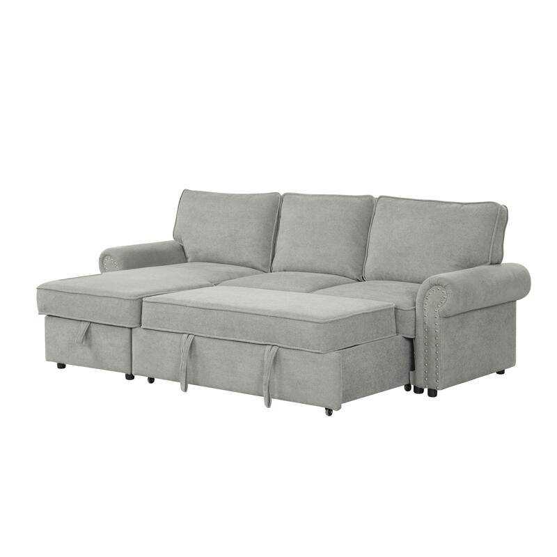 95" Convertible Sectional Sleeper Sofa with Storage Chaise, Pull-Down Tray & Cup Holders, Acacia Wood Frame (Polyester)