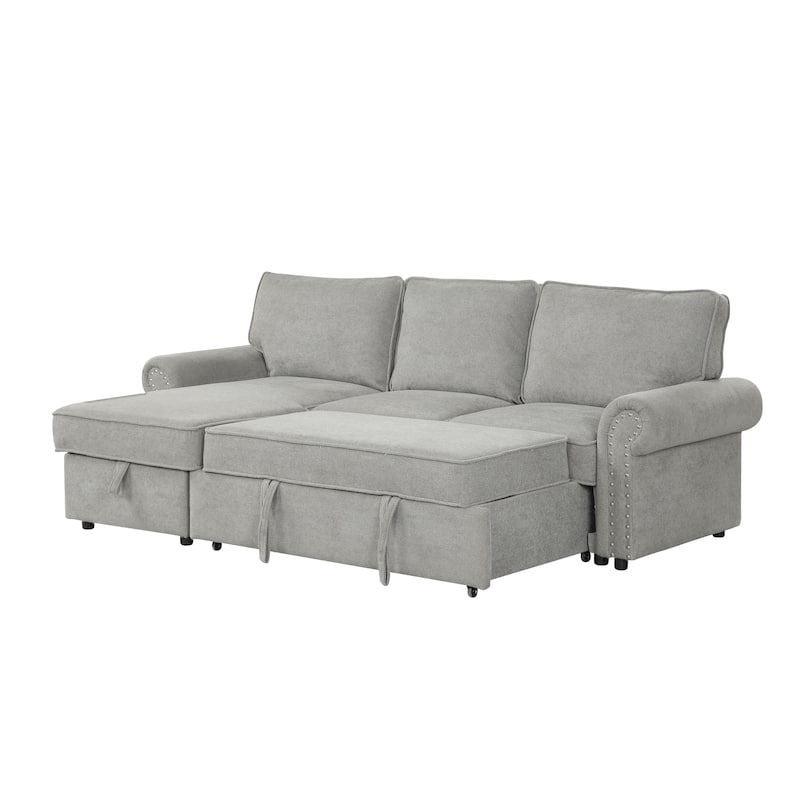 Convertible Sectional Sleeper Sofa with Storage Chaise, Pull-Down Backrest, Dual Cup Holders, Arc Armrests and Nailhead Trim