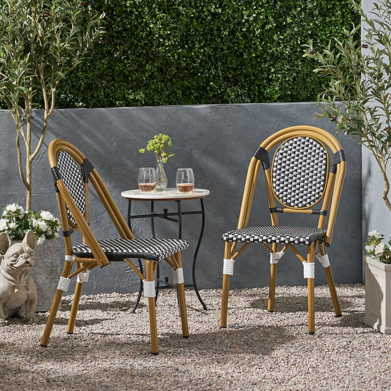 Remi Outdoor French Cafe Style Chairs (Set of 2) by Christopher Knight Home - Black + White + Bamboo Print Finish