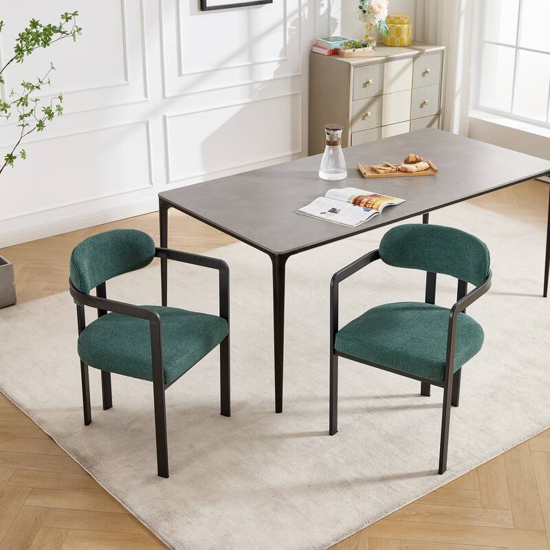 Modern Upholstered Dining Chairs Set of 2 with Black Metal Legs and Curved Backrest
