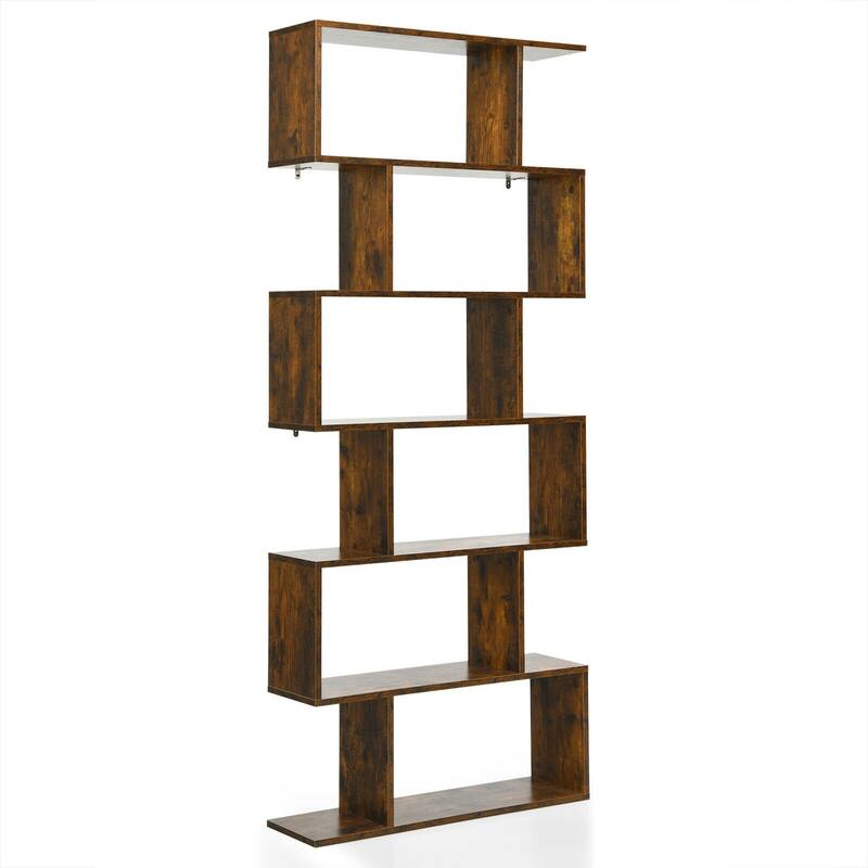 Gymax 6 Tier S-Shaped Bookshelf Storage Display Bookcase Decor Z-Shelf - 31.5'' x 9'' x 75'' - Coffee