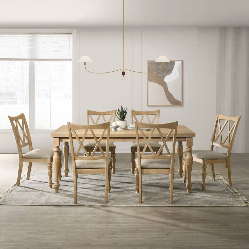 Roundhill Furniture Verta 7-Piece Dining Table with 6 Cross Back Dining Chairs, Light Oak Finish