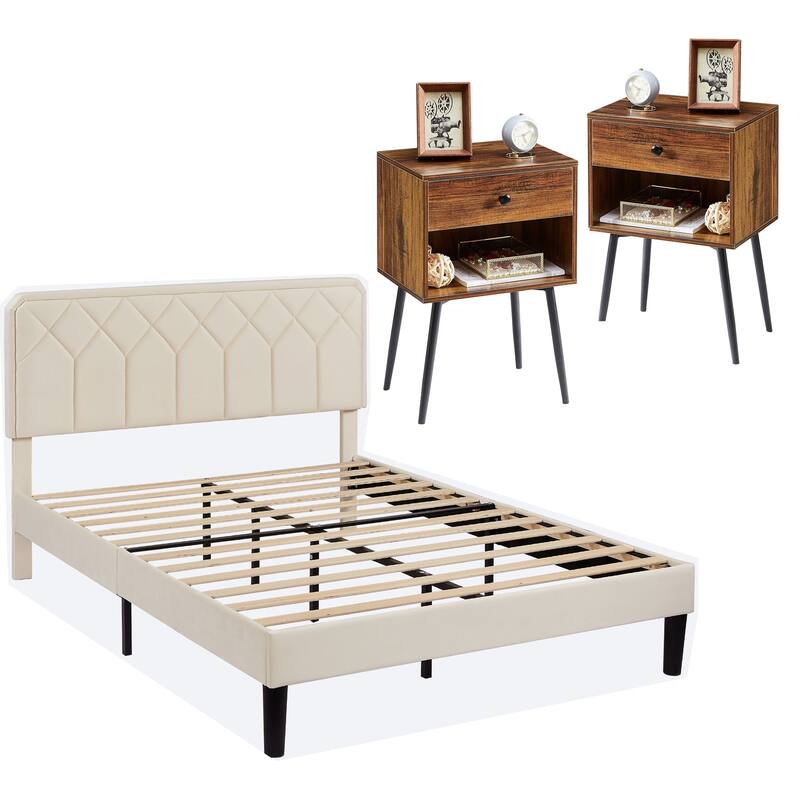 VECELO 3-Pieces Upholstered Platform Bed Frame with Adjustable Headboard and Nightstands Set of 2, Beige - Brown - Full