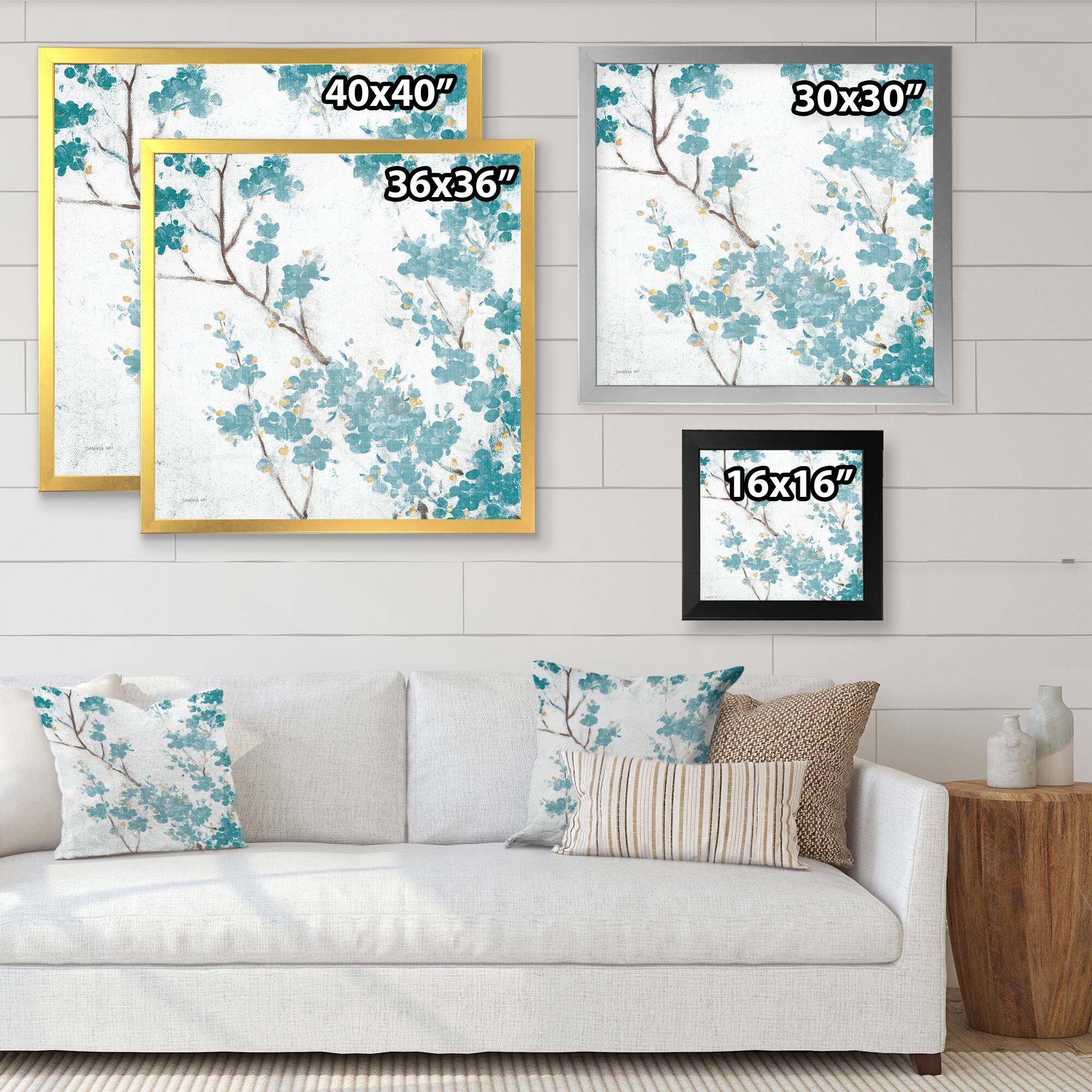 Designart "Teal Cherry Blossoms II" Traditional Floral Framed Art Print