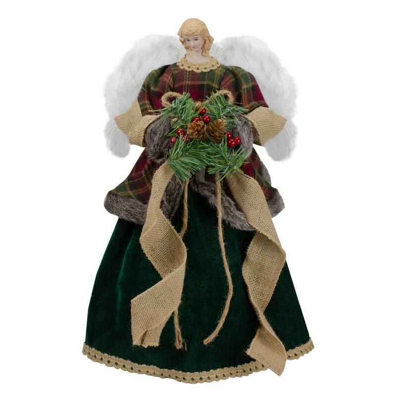 18" Red and Green Angel in a Dress Christmas Tree Topper Accented with Holly Berries - Unlit - 18