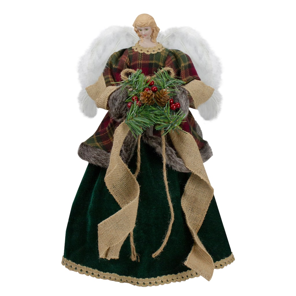 18" Red and Green Angel in a Dress Christmas Tree Topper Accented with Holly Berries - Unlit - 18