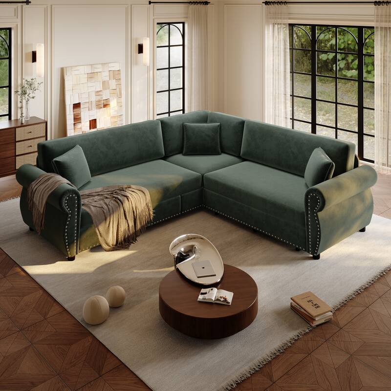 88.2" L-Shaped Sleeper Sectional Sofa with Pull-Out Bed - Chenille Convertible Couch, Nailhead Trim, for Living Room