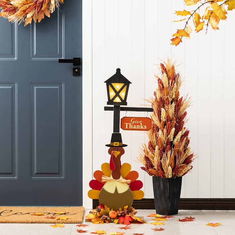 Glitzhome 36"H Thanksgiving Lighted Wooden Turkey Lamp Post Porch Decor(KD)
