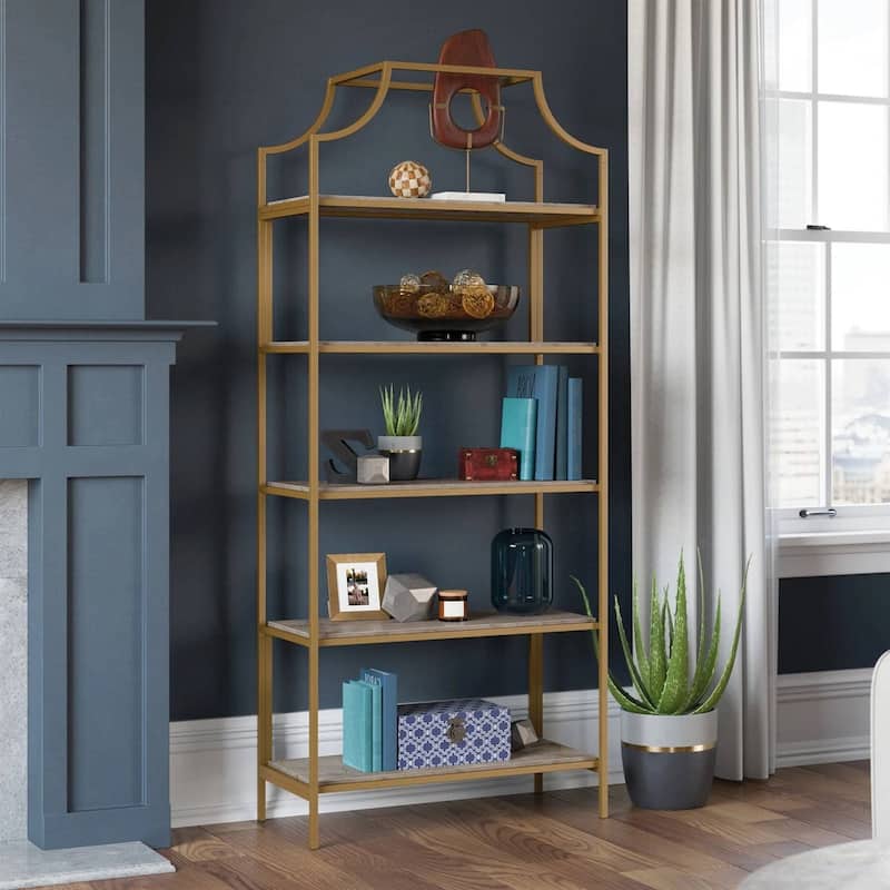 Metal Etagere Bookcase with 5 Safety Tempered Glass Shelves Freestanding Display Rack for Living Room Bedroom Office