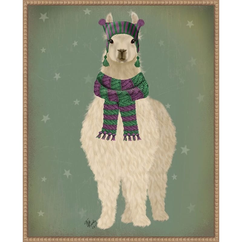 Llama with Purple Scarf, Full by Fab Funky (23 x 28 in.), Framed Canvas Wall Art Print - Sylvie Beaded Rustic Natural