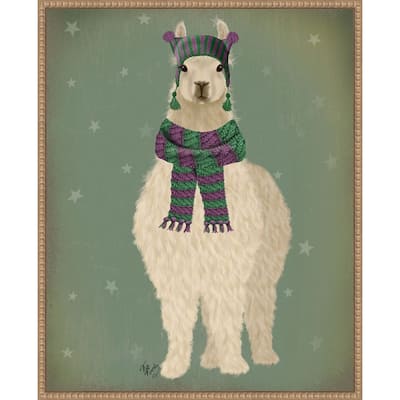 Llama with Purple Scarf, Full by Fab Funky (23 x 28 in.), Framed Canvas Wall Art Print - Sylvie Beaded Rustic Natural