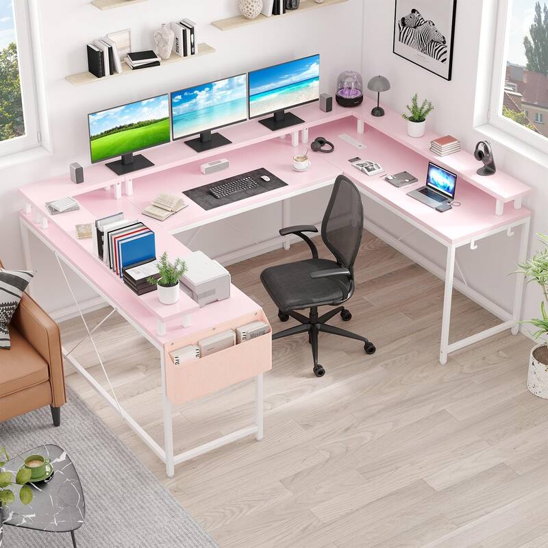 U Shaped Desk, 126 Inch Gaming Desk with Monitor Stand and LED Lights - Black