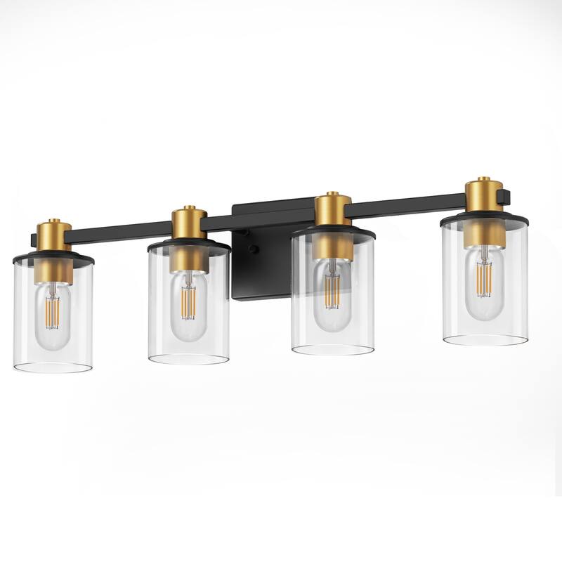 YANSUN 26 in. 4-Light Black and Gold Vanity Light with Round Clear Glass Shades for a Sophisticated Look