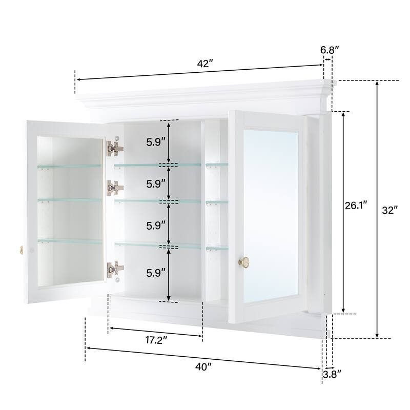 42"W X32''H Bathroom Recessed Wall-Mounted Solid Wood Framed Medicine Cabinet With Adjustable Glass Shelves - 42"W X32''H