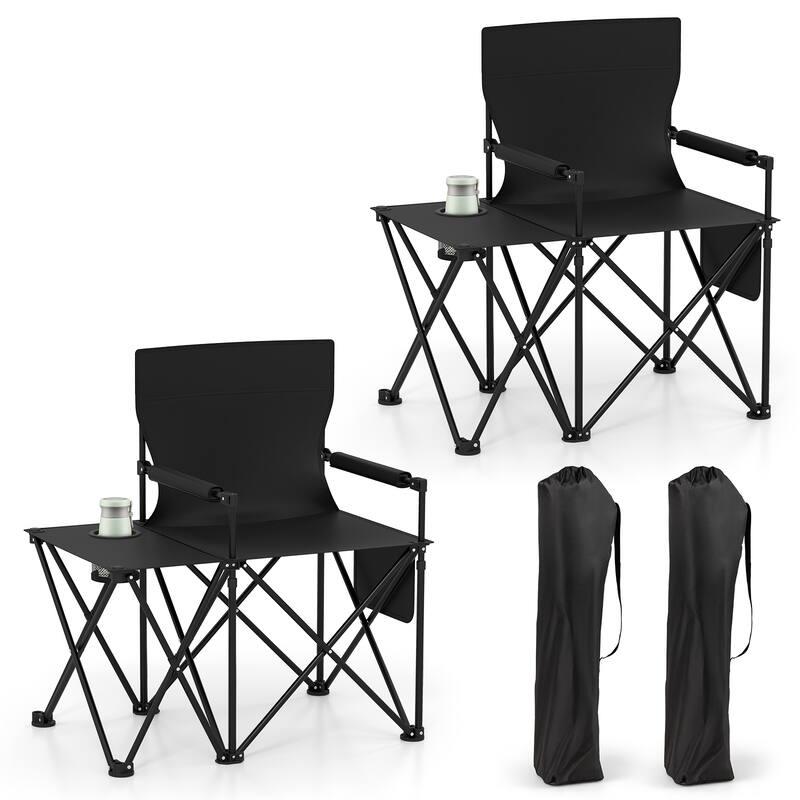 Gymax 2PCS Oversized Camping Chair w/Side Table 2 Storage Pockets Cup - Black