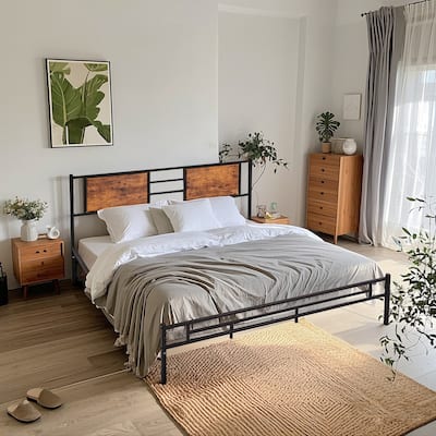 VECELO Platform Bed Frame with Wooden and Metal Headboard and Footboard, Heavy Duty 13 Metal Slats Support