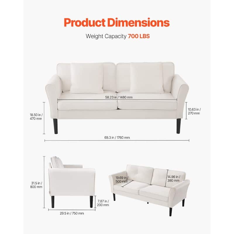 Two-Seater Velvet Loveseat Sofa with Soft High-Density Cushions for Living Room or Hallway - 69.3” x 29.5” x 31.5”