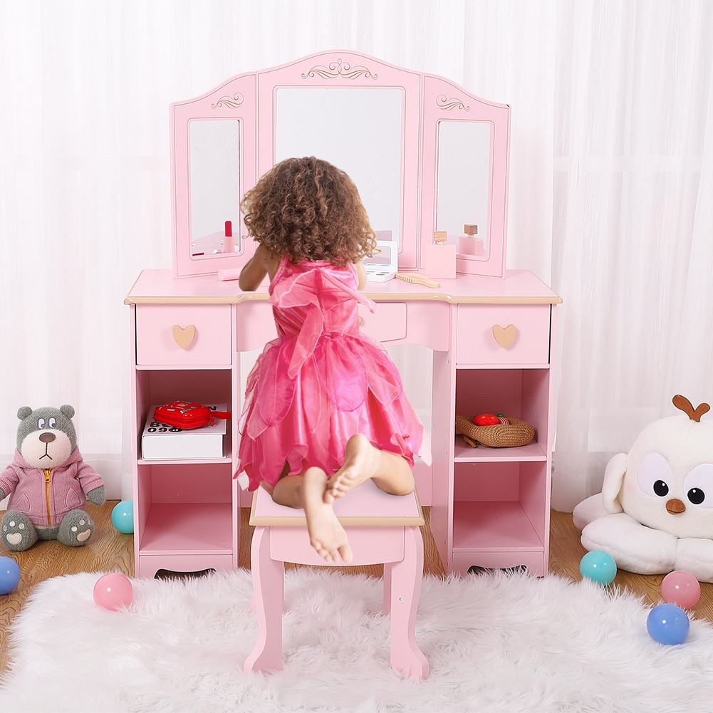 Kids 3 Drawer Wooden Dressing Table Round Mirror with Lights Stool