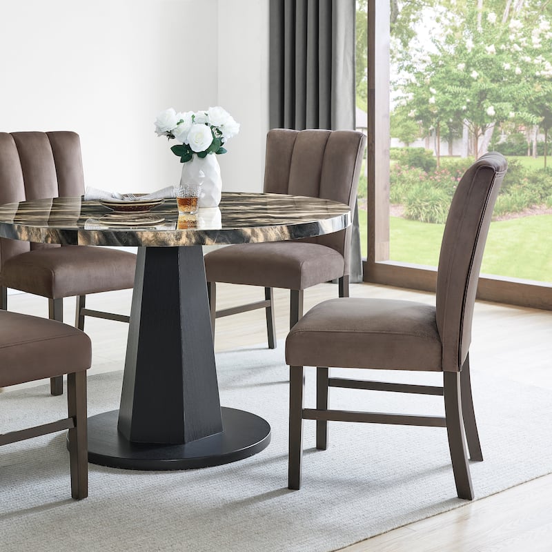 Roundhill Furniture Cavira 5-Piece Modern Dining Set, Round Faux Marble Dining Table with Four Chairs - Black Table+4 Chocolate Chairs