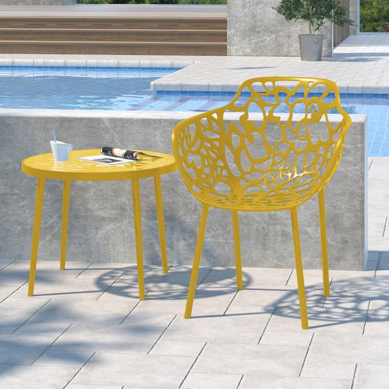 Devon Aluminum Dining Armchair with Floral Cutouts – Stackable, UV-Protected, Indoor/Outdoor Patio Side Chair