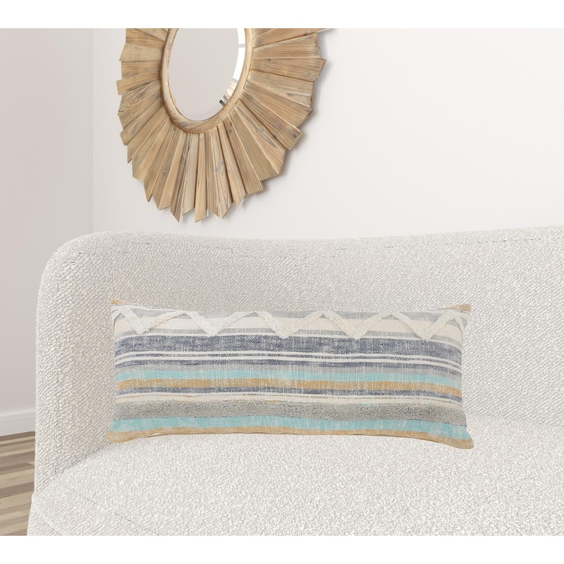 HomeRoots 14" X 36" Orange Turquoise Gray Blue And White 100% Cotton Striped Zippered Pillow