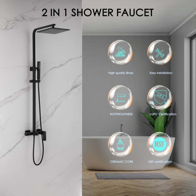 Modland Wall Mounted 3-Way Exposed Install Complete Rain Shower System with High Pressure Showerhead, Black/Gold