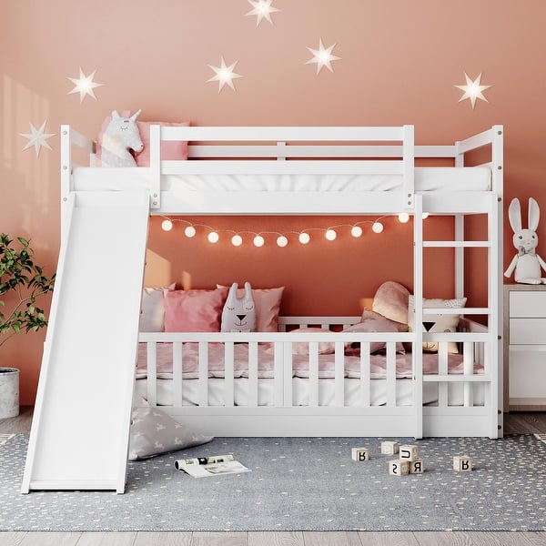 slide 2 of 49, Elegant Twin Over Twin Bunk Bed with Low Slide, Built-in Ladder and Guardrails, Maximized Space, Solid Construction, White White