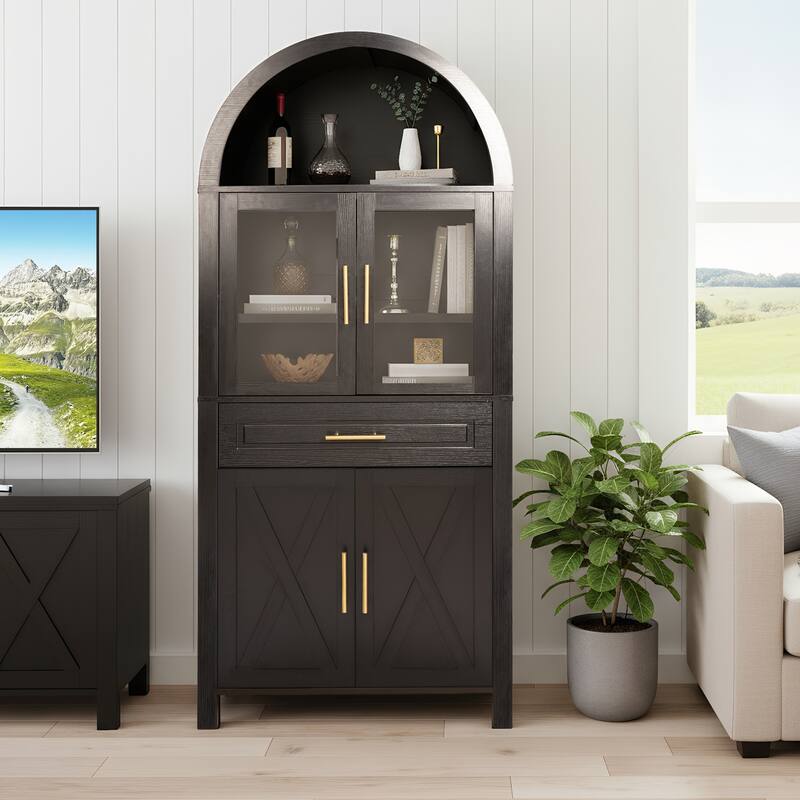 Arched Kitchen Pantry Cabinet with Glass Door, Farmhouse 71" Storage Cabinet with Adjustable Shelves & Barn Door Design