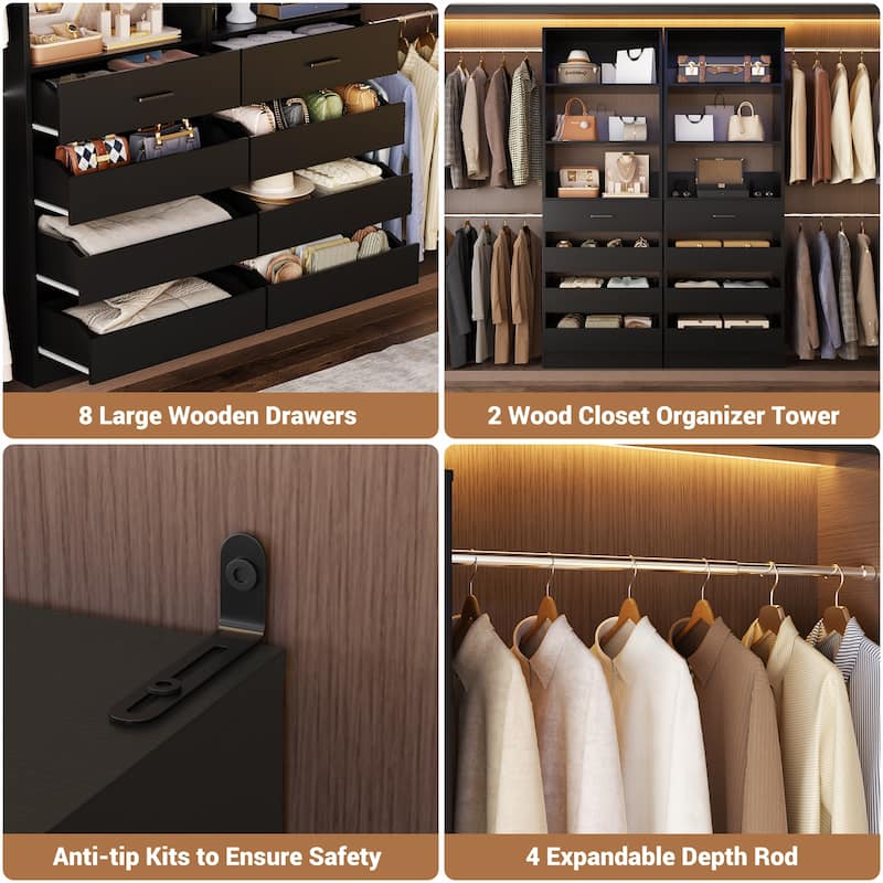 Qvella 95''-136'' W Closet System with 8 Wooden Drawers and 4 Hanging Rods, Walk-in Closet Organizer with 6 Storage Shelves