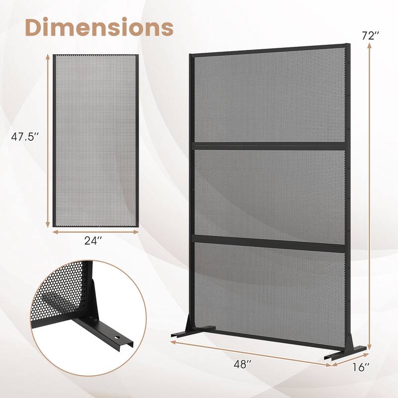 Black Metal Freestanding Privacy Screen Panel for Indoor and Outdoor Use - 48” x 16” x 72” (L x W x H)
