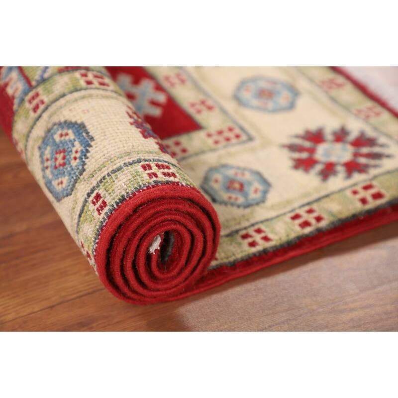 Red Geometric Kazak Oriental Accent Rug Handmade Foyer Wool Carpet - 2'8" x 3'9"