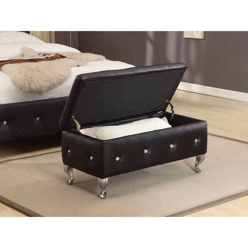 Tufted Design Black Upholstered Storage Bench Ottoman