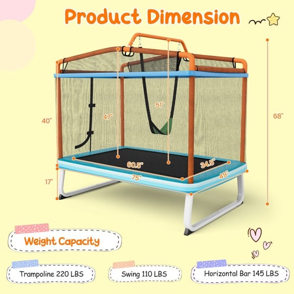 dimension image slide 0 of 2, 6 Feet Rectangle Trampoline with Swing Horizontal Bar and Safety Net-Orange