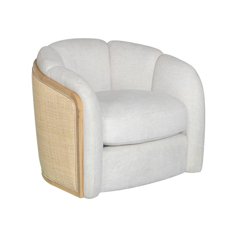 HomeRoots 34" Off White and Natural Fabric Wood And Rattan Swivel Arm Chair - 33.80 in. x 28.10 in. x 31.80 in.