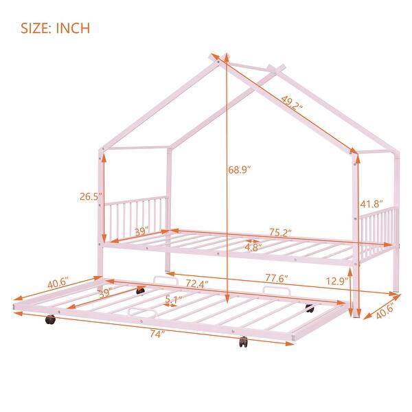 dimension image slide 0 of 2, Metal House Bed Kids Bed Frame wtih Roof, Montessori Bed Pull-out Trundle Bed