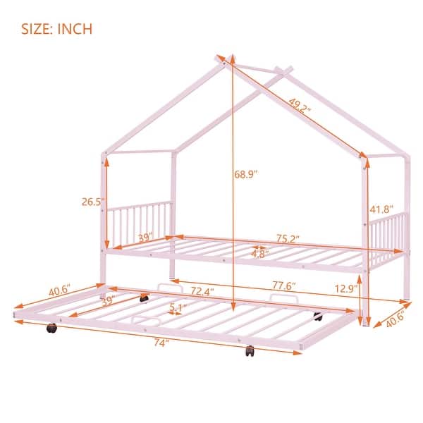 Pink Twin Size Metal House Bed with Trundle and Roof for Kids, Boys and Girls, Bedroom