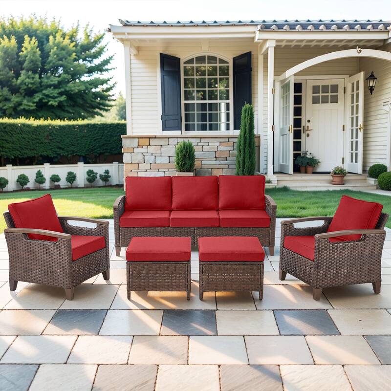 Pocassy Outdoor Patio Sofa Chair Ottoman Table Furniture Set - Red Cushion - 3-Seat Sofa with Club Chair Ottoman Set