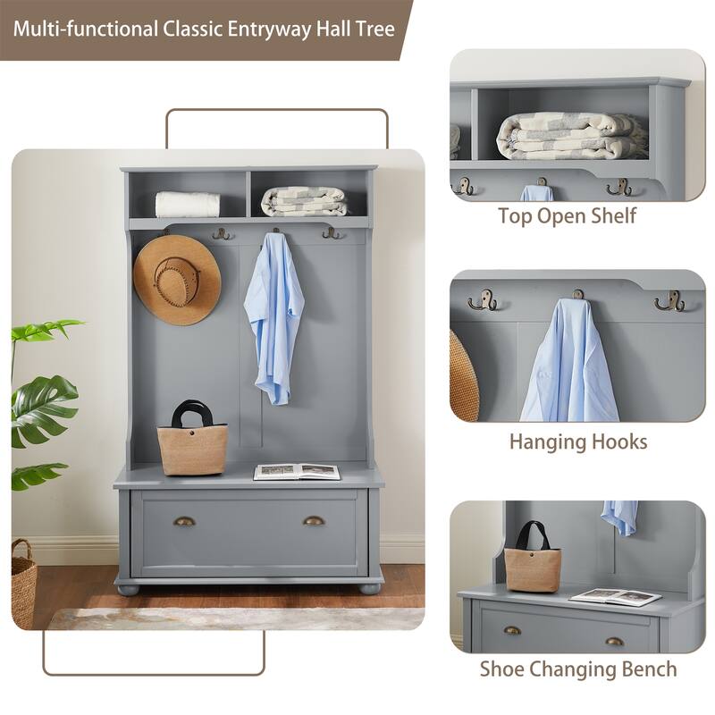 Hall Tree Entryway Bench with Open Shelves and Shoe Cabinets