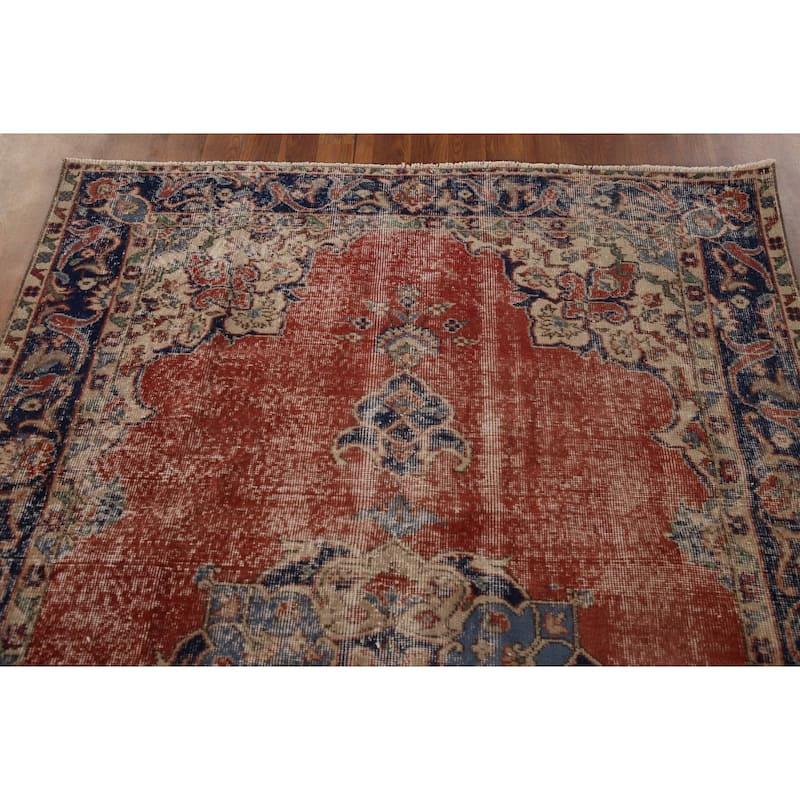 Distressed Oushak Turkish Vintage Area Rug Hand-Knotted Wool Carpet - 4'10" x 8'7"
