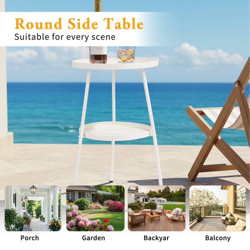2 Tier Round Patio Small Side Table, Metal Coffee Table for Indoor Outdoor