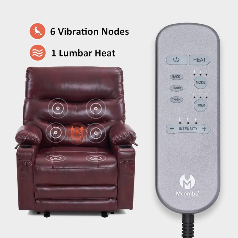 Large Power Faux Leather Recliner Chair with Heat and Massage, Cup Holder, USB Port