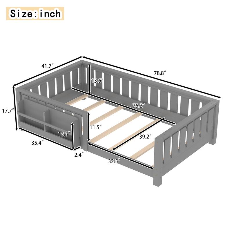 Montessori Floor Bed Low Profile Kids Bed with Rails & Bookshelf