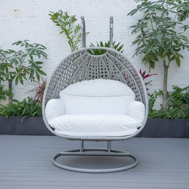Mendoza 2-Person Hanging Egg Swing Chair with Iron Metal Stand Handcrafter Grey Wicker Hammocks for Outdoor Patio or Indoor Use