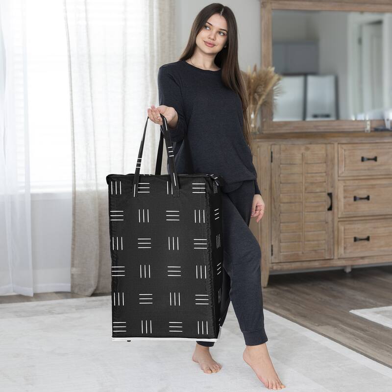 Sweet Jojo Designs Black & White Boho Mudcloth Boy, Girl, Unisex/Gender Neutral Foldable Laundry Hamper with Handles - Bohemian