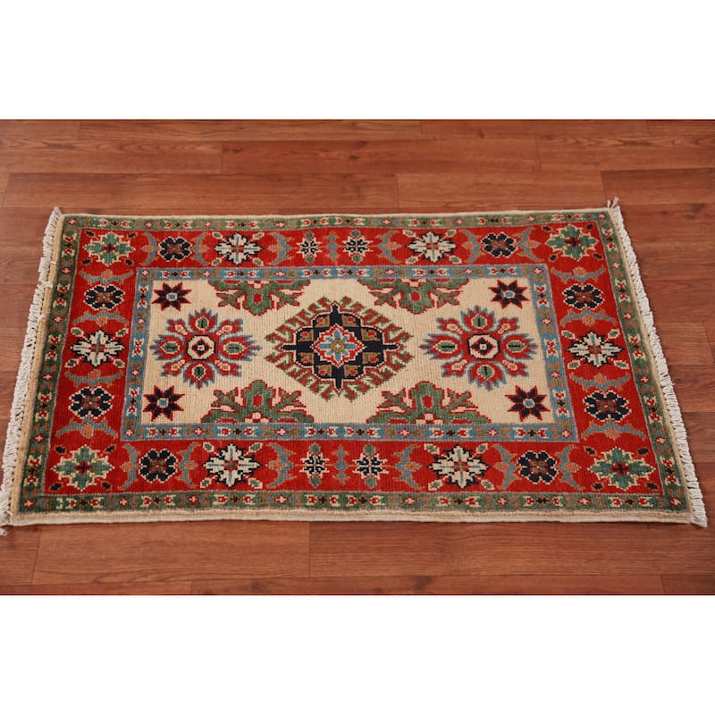 Geometric Kazak Oriental Accent Rug Hand-Knotted Beige Wool Carpet - 2'0" x 3'0"