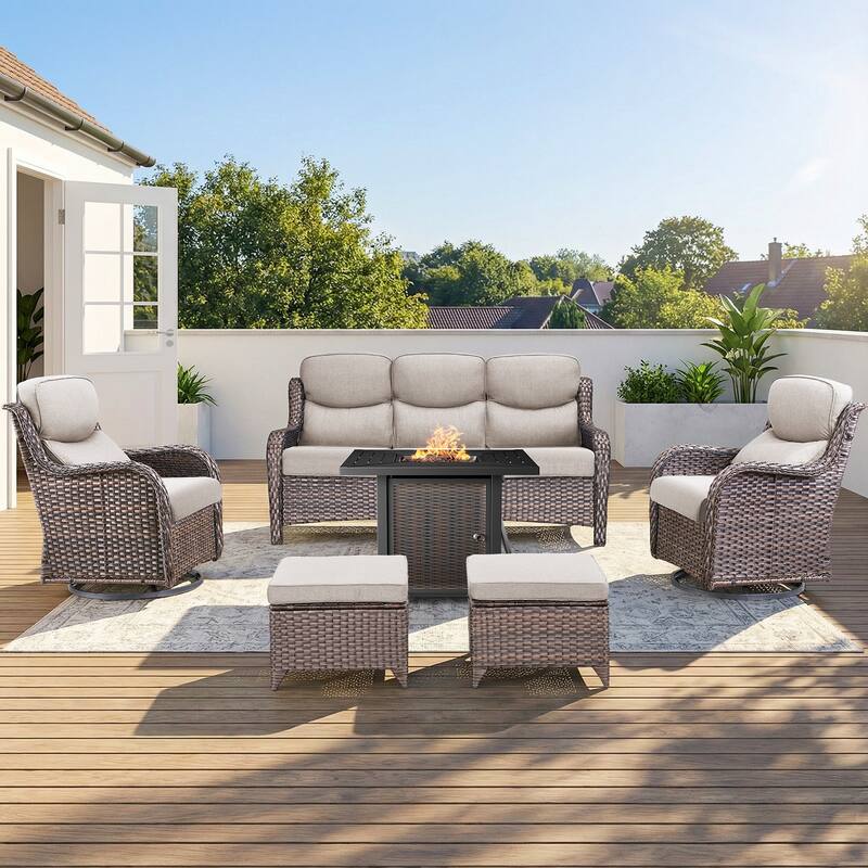 Pocassy 30 In Outdoor Fire Pits with Patio Sofa Swivel Glider Chari Furniture. - Brown Wicker Beige Cushion - 6-Piece Sofa Swivel Chair Ottoman w/ Fie Table