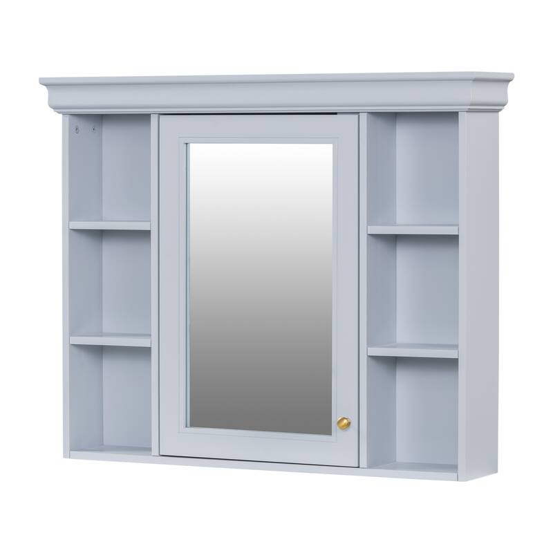 Modern Bathroom Wall Cabinet with Mirror and 6 Open Shelves, 35'' x 28'' Blue Wall Mounted Bathroom Storage Cabinet