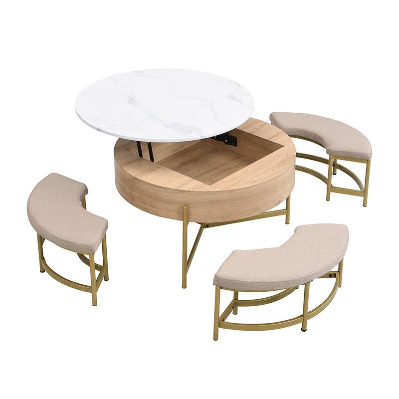 Modern Round Lift Coffee Table Stylish Coffee with Lift Mechanism Storage and 3 Footstools, for Living Room