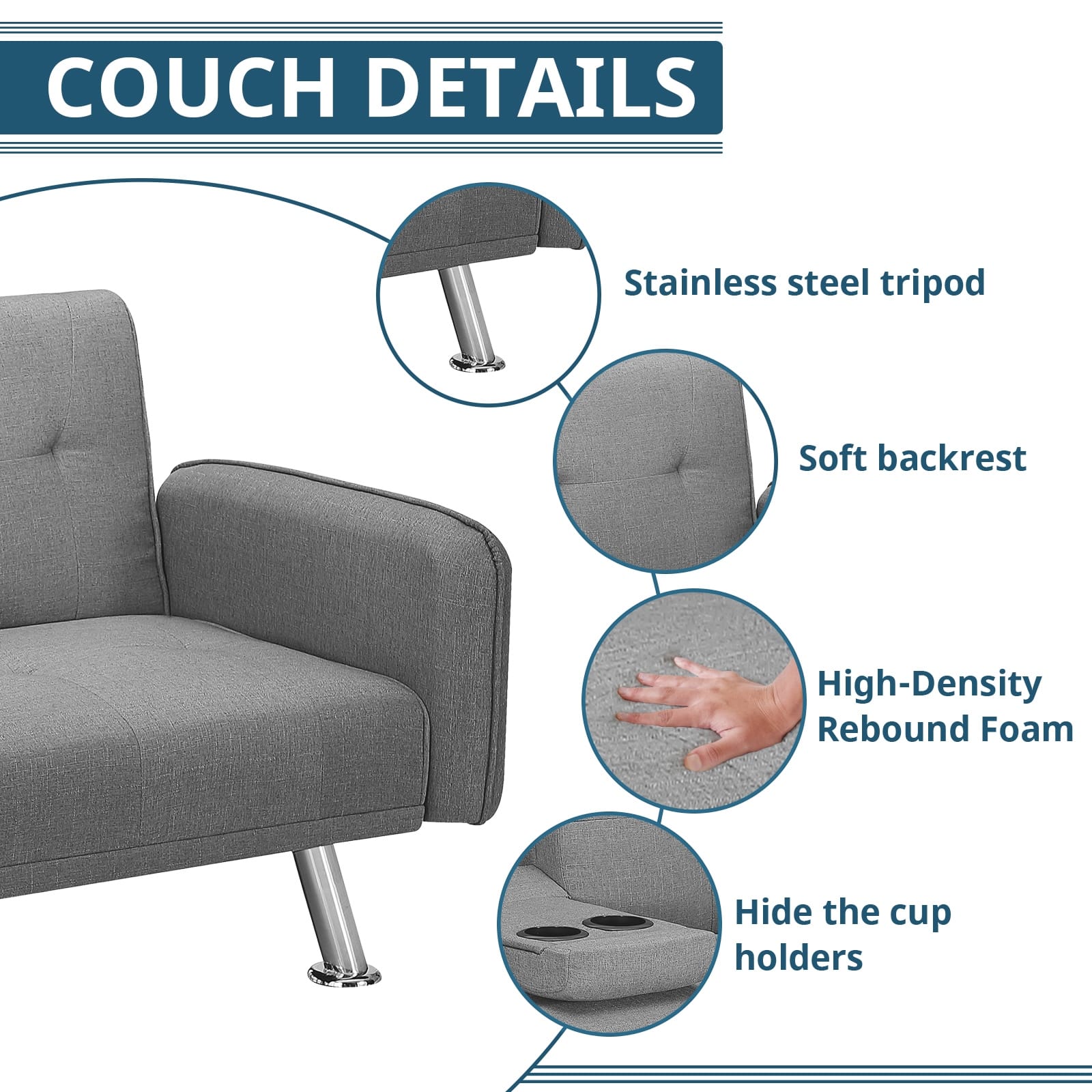 Futon Memory Foam Couch Bed,Comfortable Fabric Loveseat Sleeper Sofa ...