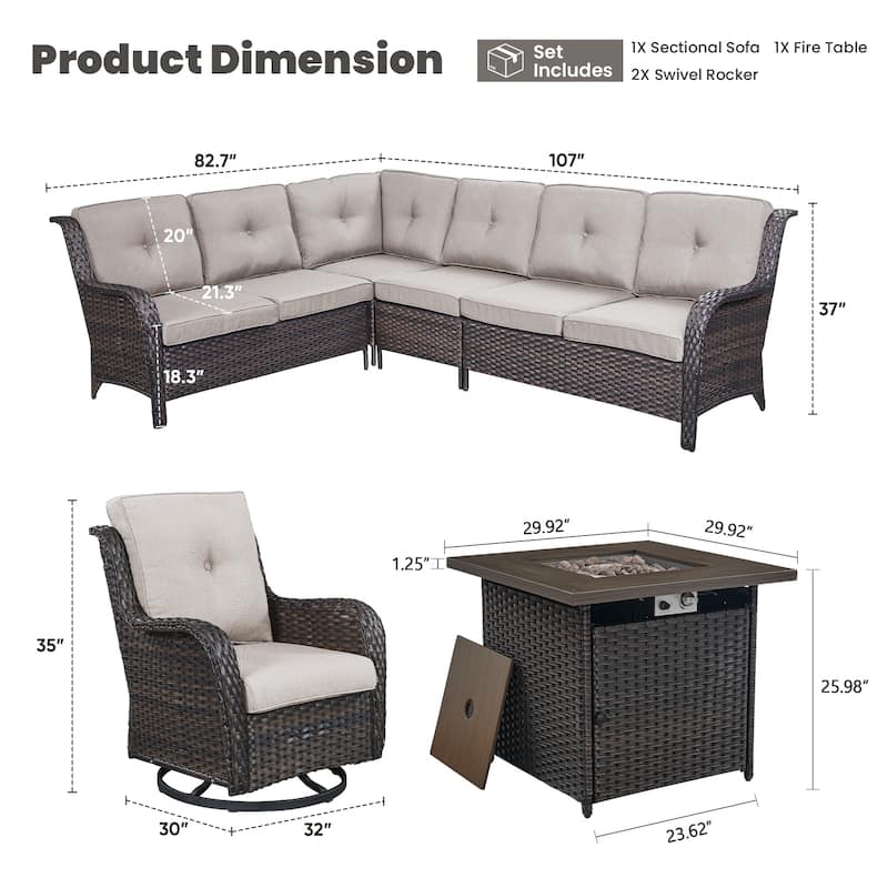 Gymojoy 4-Piece Outdoor Wicker Patio Furniture with Fire Pit and L-shaped Sectional Sofa, Coversation Set with Thick Cushions